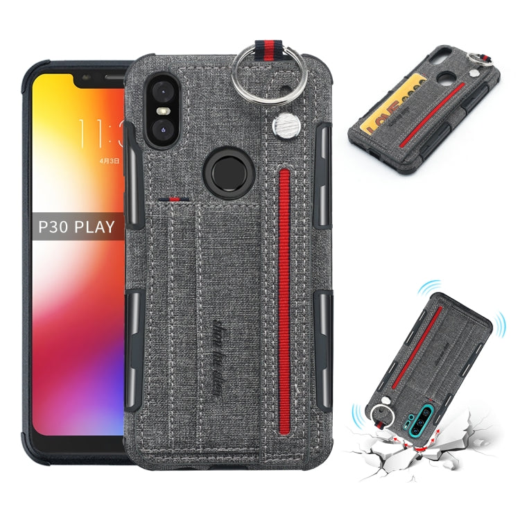 For Motorola One (P30 Play) Cloth Texture + TPU Shockproof Protective Case with Metal Ring & Holder & Card Slots & Hanging Strap