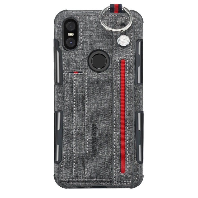 For Motorola One (P30 Play) Cloth Texture + TPU Shockproof Protective Case with Metal Ring & Holder & Card Slots & Hanging Strap