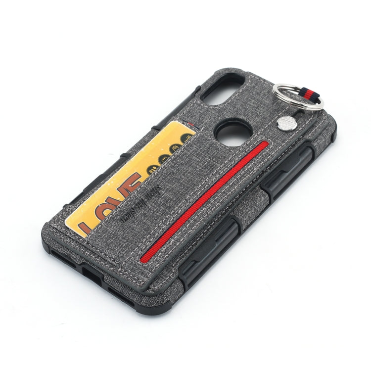 For Motorola One (P30 Play) Cloth Texture + TPU Shockproof Protective Case with Metal Ring & Holder & Card Slots & Hanging Strap