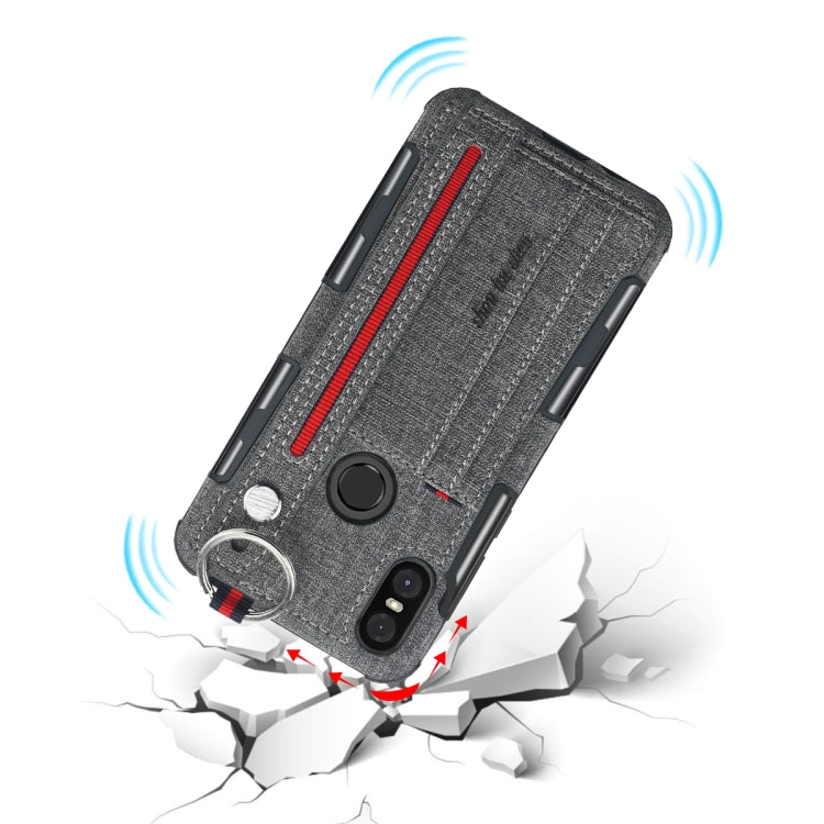 For Motorola One (P30 Play) Cloth Texture + TPU Shockproof Protective Case with Metal Ring & Holder & Card Slots & Hanging Strap