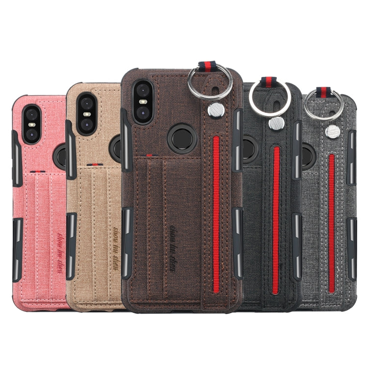 For Motorola One (P30 Play) Cloth Texture + TPU Shockproof Protective Case with Metal Ring & Holder & Card Slots & Hanging Strap