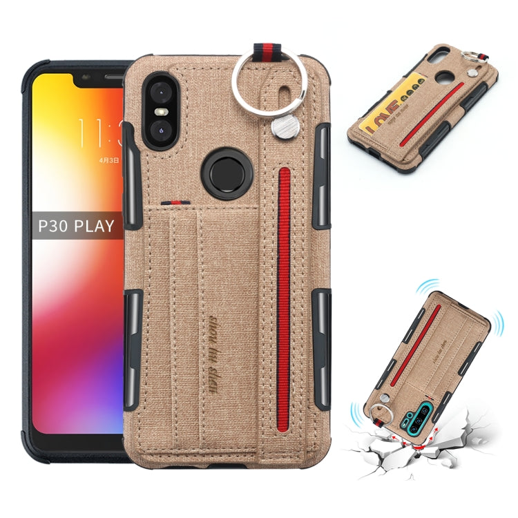 For Motorola One (P30 Play) Cloth Texture + TPU Shockproof Protective Case with Metal Ring & Holder & Card Slots & Hanging Strap
