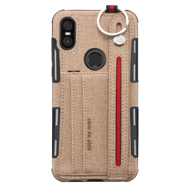 For Motorola One (P30 Play) Cloth Texture + TPU Shockproof Protective Case with Metal Ring & Holder & Card Slots & Hanging Strap