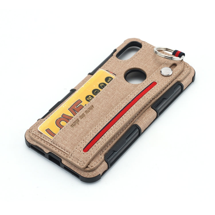 For Motorola One (P30 Play) Cloth Texture + TPU Shockproof Protective Case with Metal Ring & Holder & Card Slots & Hanging Strap