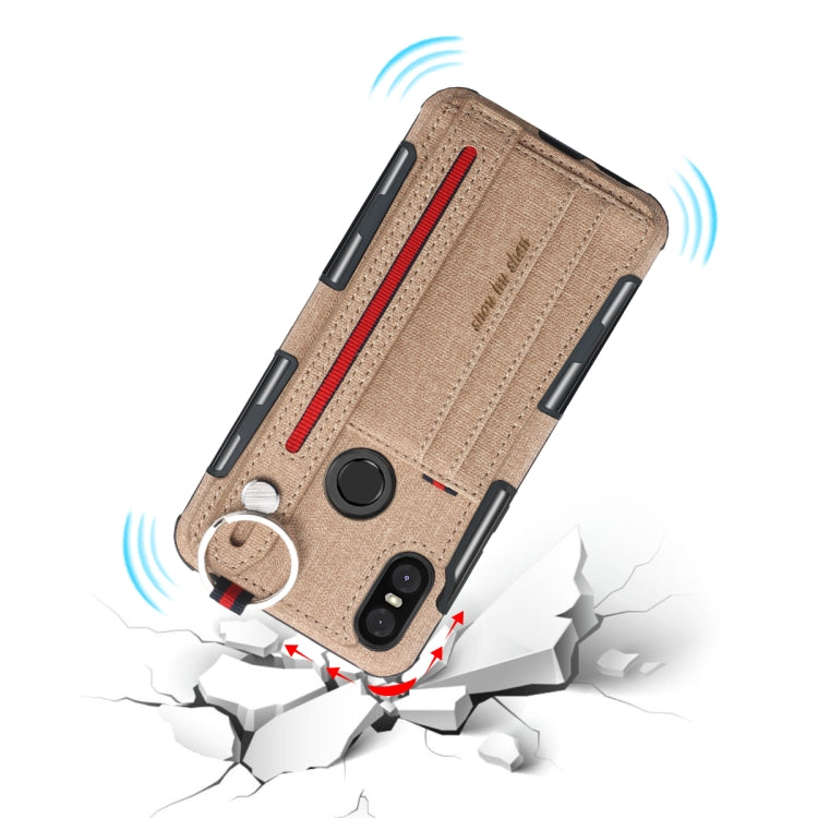 For Motorola One (P30 Play) Cloth Texture + TPU Shockproof Protective Case with Metal Ring & Holder & Card Slots & Hanging Strap