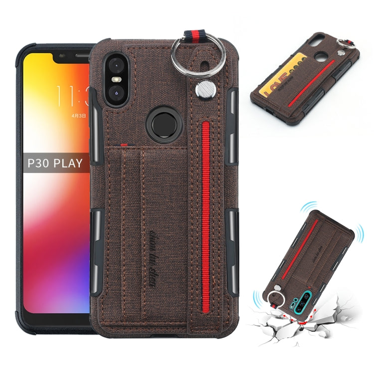 For Motorola One (P30 Play) Cloth Texture + TPU Shockproof Protective Case with Metal Ring & Holder & Card Slots & Hanging Strap