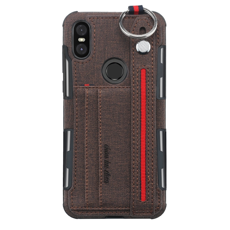 For Motorola One (P30 Play) Cloth Texture + TPU Shockproof Protective Case with Metal Ring & Holder & Card Slots & Hanging Strap