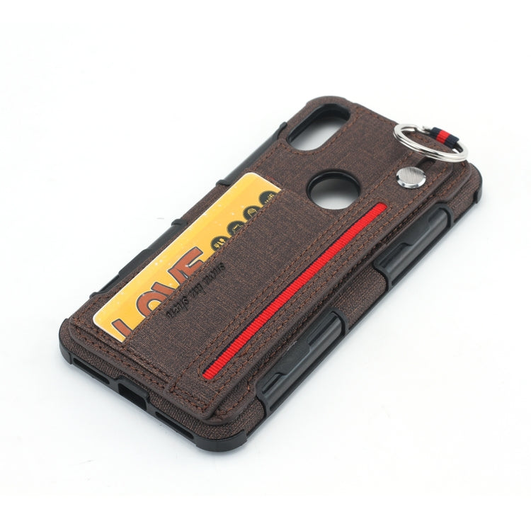 For Motorola One (P30 Play) Cloth Texture + TPU Shockproof Protective Case with Metal Ring & Holder & Card Slots & Hanging Strap