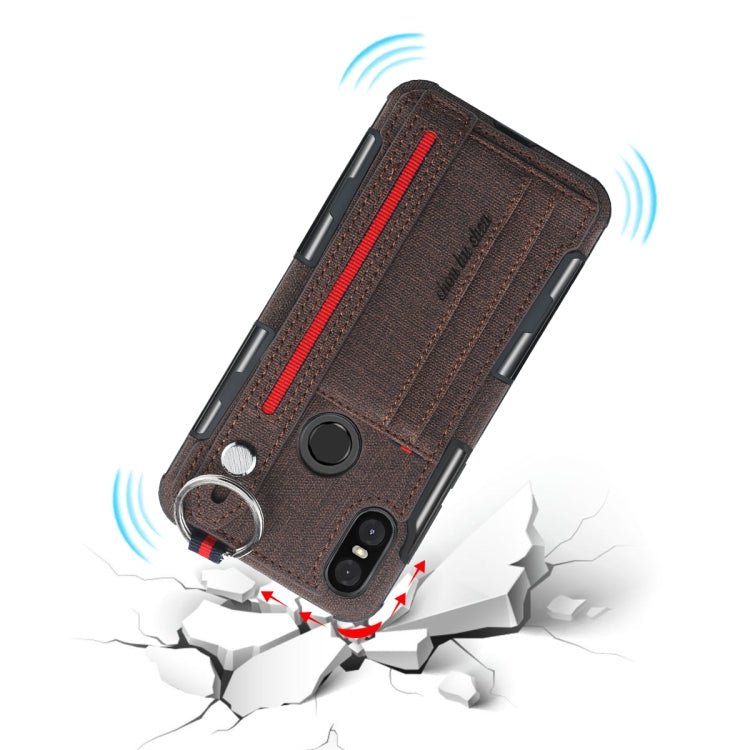For Motorola One (P30 Play) Cloth Texture + TPU Shockproof Protective Case with Metal Ring & Holder & Card Slots & Hanging Strap