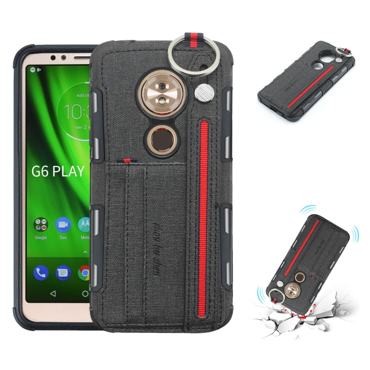 For Motorola Moto G6 Play Cloth Texture + TPU Shockproof Protective Case with Metal Ring & Holder & Card Slots & Hanging Strap