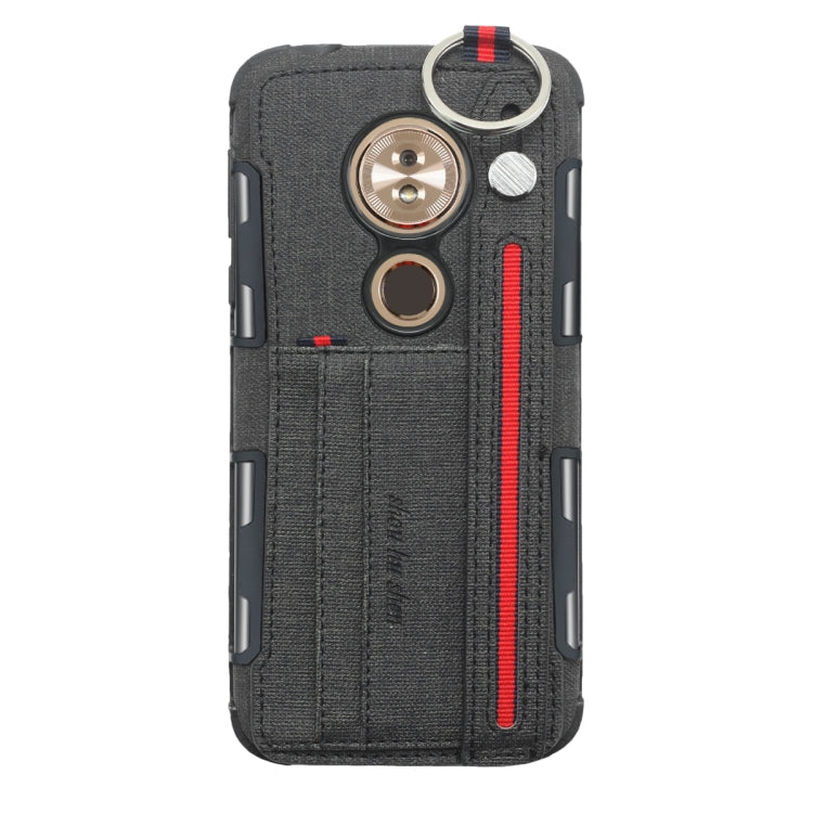 For Motorola Moto G6 Play Cloth Texture + TPU Shockproof Protective Case with Metal Ring & Holder & Card Slots & Hanging Strap