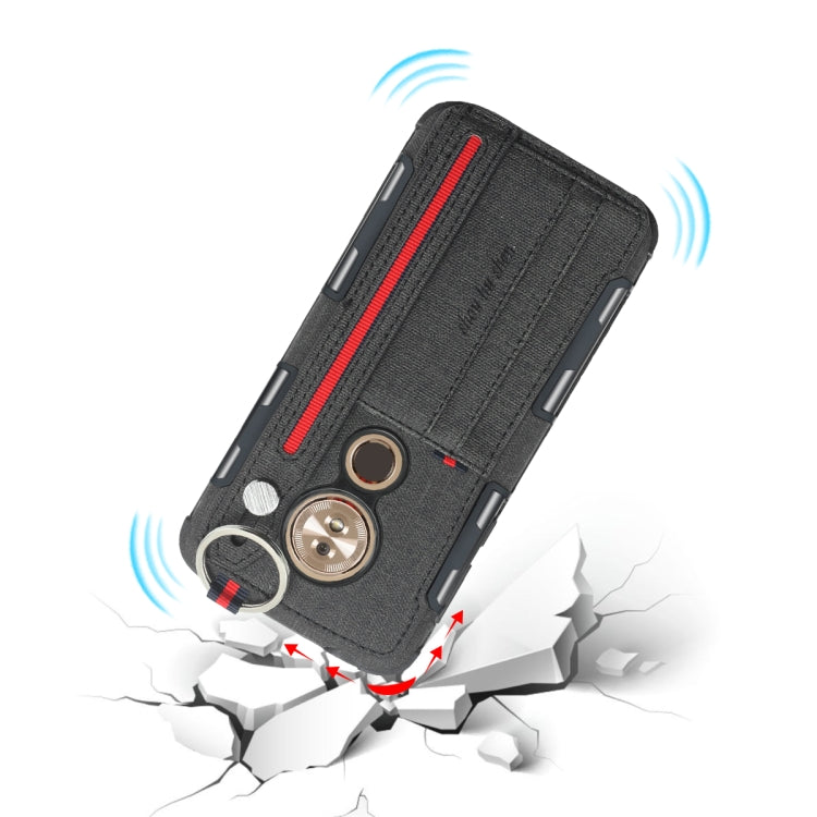 For Motorola Moto G6 Play Cloth Texture + TPU Shockproof Protective Case with Metal Ring & Holder & Card Slots & Hanging Strap