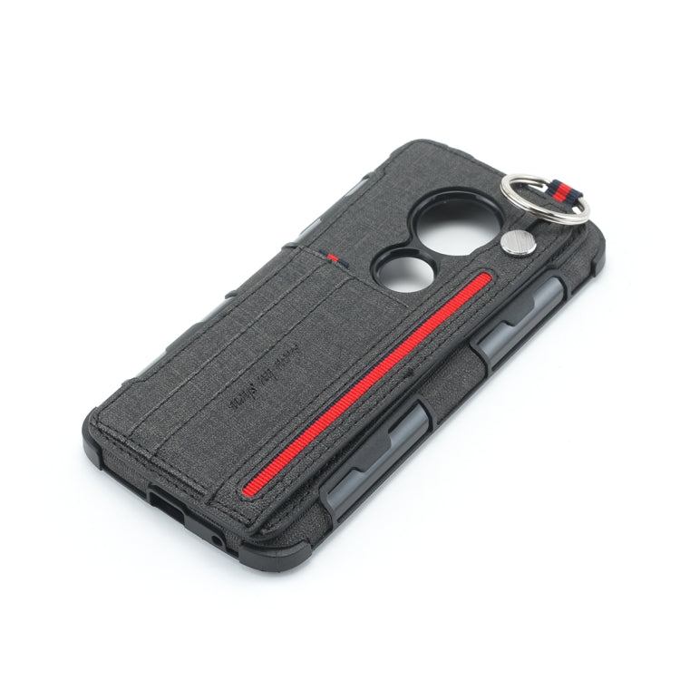 For Motorola Moto G6 Play Cloth Texture + TPU Shockproof Protective Case with Metal Ring & Holder & Card Slots & Hanging Strap