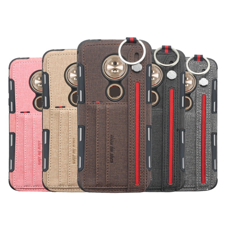 For Motorola Moto G6 Play Cloth Texture + TPU Shockproof Protective Case with Metal Ring & Holder & Card Slots & Hanging Strap