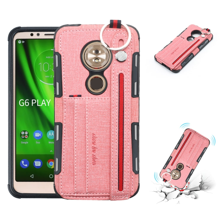 For Motorola Moto G6 Play Cloth Texture + TPU Shockproof Protective Case with Metal Ring & Holder & Card Slots & Hanging Strap