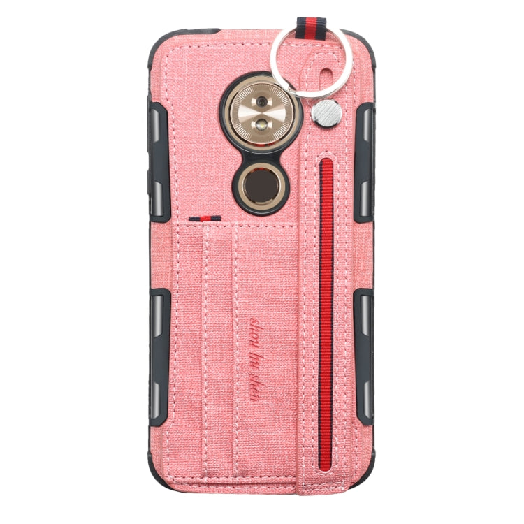 For Motorola Moto G6 Play Cloth Texture + TPU Shockproof Protective Case with Metal Ring & Holder & Card Slots & Hanging Strap