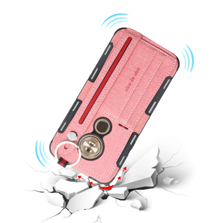 For Motorola Moto G6 Play Cloth Texture + TPU Shockproof Protective Case with Metal Ring & Holder & Card Slots & Hanging Strap