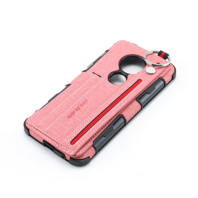 For Motorola Moto G6 Play Cloth Texture + TPU Shockproof Protective Case with Metal Ring & Holder & Card Slots & Hanging Strap