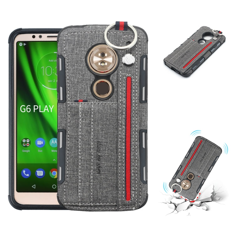 For Motorola Moto G6 Play Cloth Texture + TPU Shockproof Protective Case with Metal Ring & Holder & Card Slots & Hanging Strap