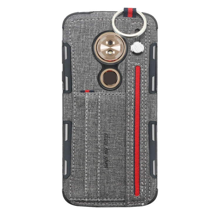 For Motorola Moto G6 Play Cloth Texture + TPU Shockproof Protective Case with Metal Ring & Holder & Card Slots & Hanging Strap