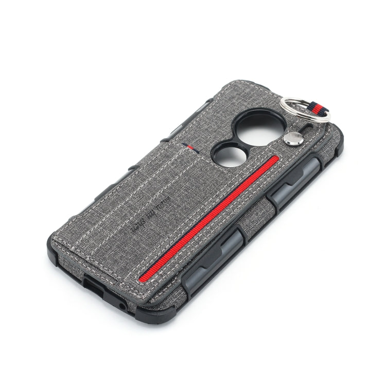 For Motorola Moto G6 Play Cloth Texture + TPU Shockproof Protective Case with Metal Ring & Holder & Card Slots & Hanging Strap