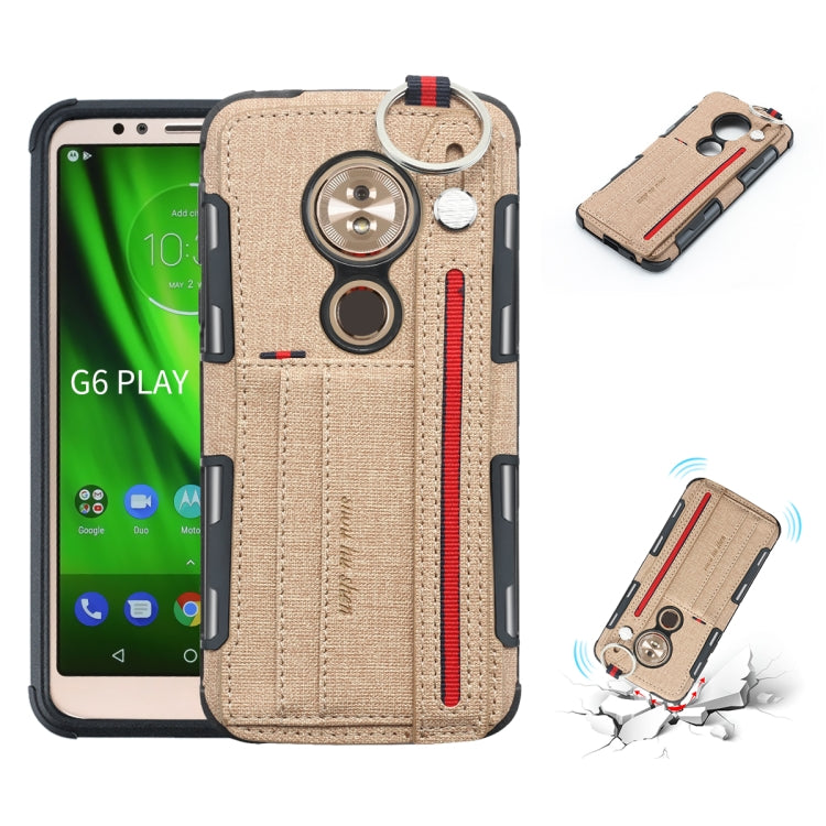 For Motorola Moto G6 Play Cloth Texture + TPU Shockproof Protective Case with Metal Ring & Holder & Card Slots & Hanging Strap