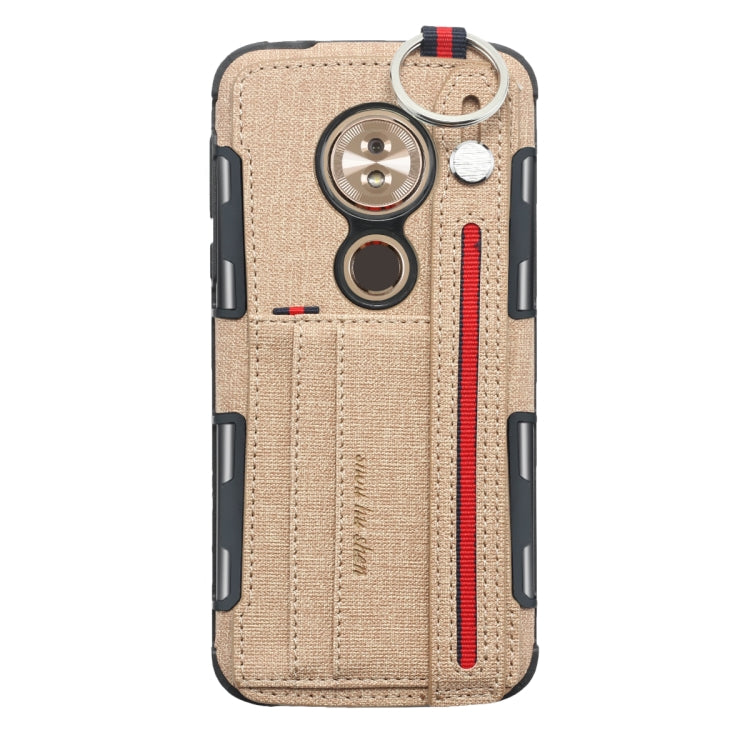 For Motorola Moto G6 Play Cloth Texture + TPU Shockproof Protective Case with Metal Ring & Holder & Card Slots & Hanging Strap