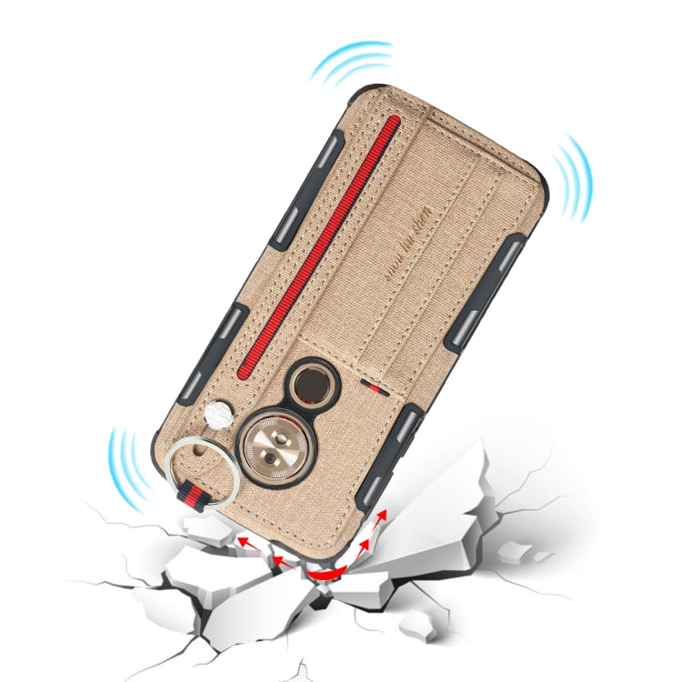 For Motorola Moto G6 Play Cloth Texture + TPU Shockproof Protective Case with Metal Ring & Holder & Card Slots & Hanging Strap