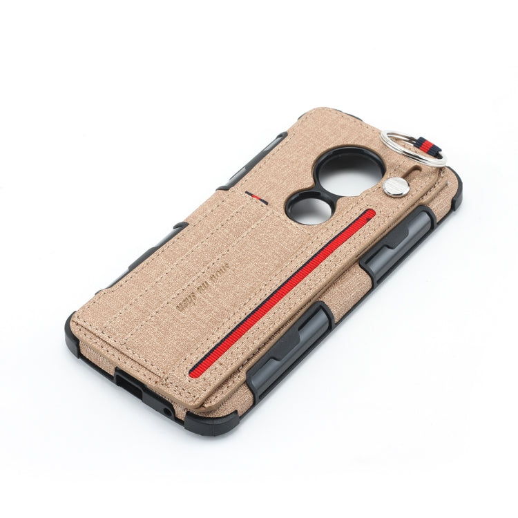 For Motorola Moto G6 Play Cloth Texture + TPU Shockproof Protective Case with Metal Ring & Holder & Card Slots & Hanging Strap