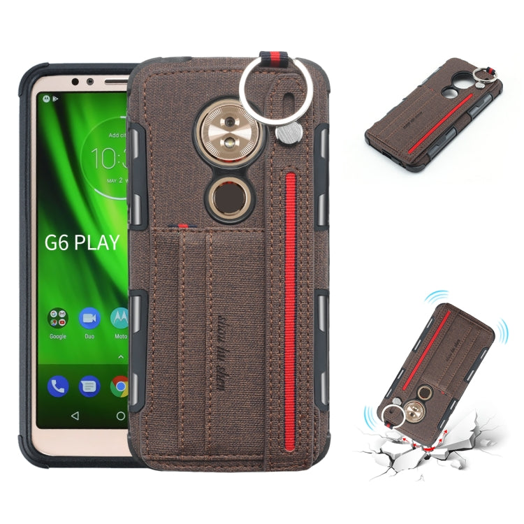 For Motorola Moto G6 Play Cloth Texture + TPU Shockproof Protective Case with Metal Ring & Holder & Card Slots & Hanging Strap