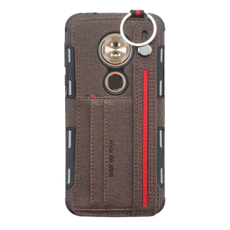 For Motorola Moto G6 Play Cloth Texture + TPU Shockproof Protective Case with Metal Ring & Holder & Card Slots & Hanging Strap