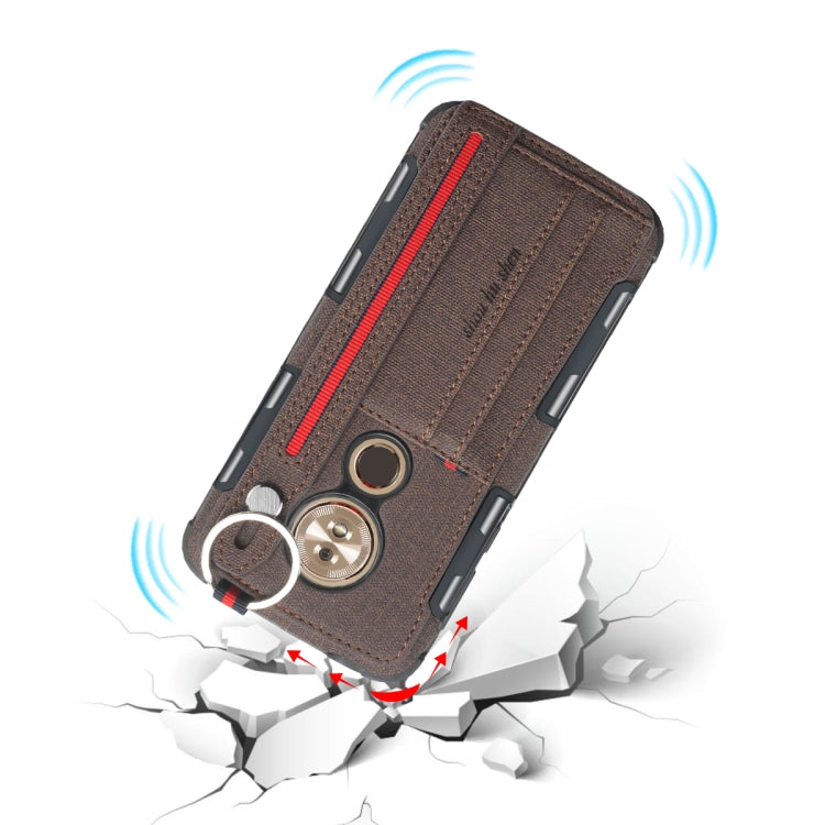 For Motorola Moto G6 Play Cloth Texture + TPU Shockproof Protective Case with Metal Ring & Holder & Card Slots & Hanging Strap