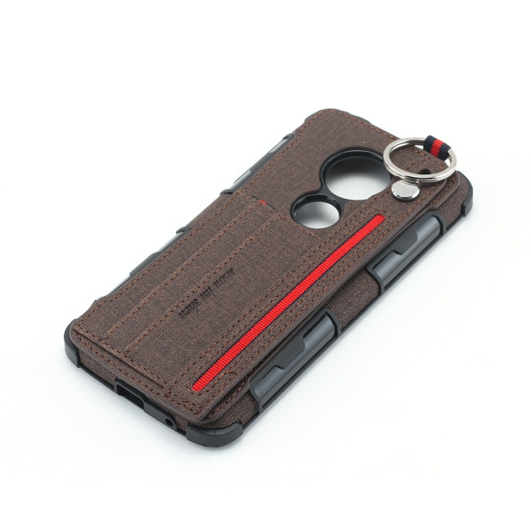 For Motorola Moto G6 Play Cloth Texture + TPU Shockproof Protective Case with Metal Ring & Holder & Card Slots & Hanging Strap