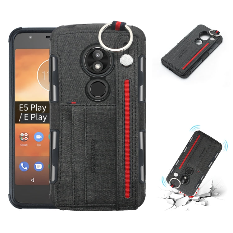 For Motorola Moto E5 Play Cloth Texture + TPU Shockproof Protective Case with Metal Ring & Holder & Card Slots & Hanging Strap