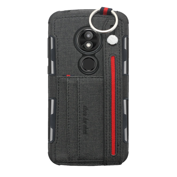 For Motorola Moto E5 Play Cloth Texture + TPU Shockproof Protective Case with Metal Ring & Holder & Card Slots & Hanging Strap