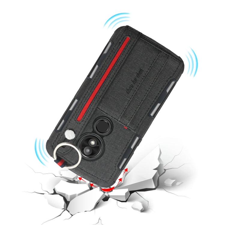 For Motorola Moto E5 Play Cloth Texture + TPU Shockproof Protective Case with Metal Ring & Holder & Card Slots & Hanging Strap