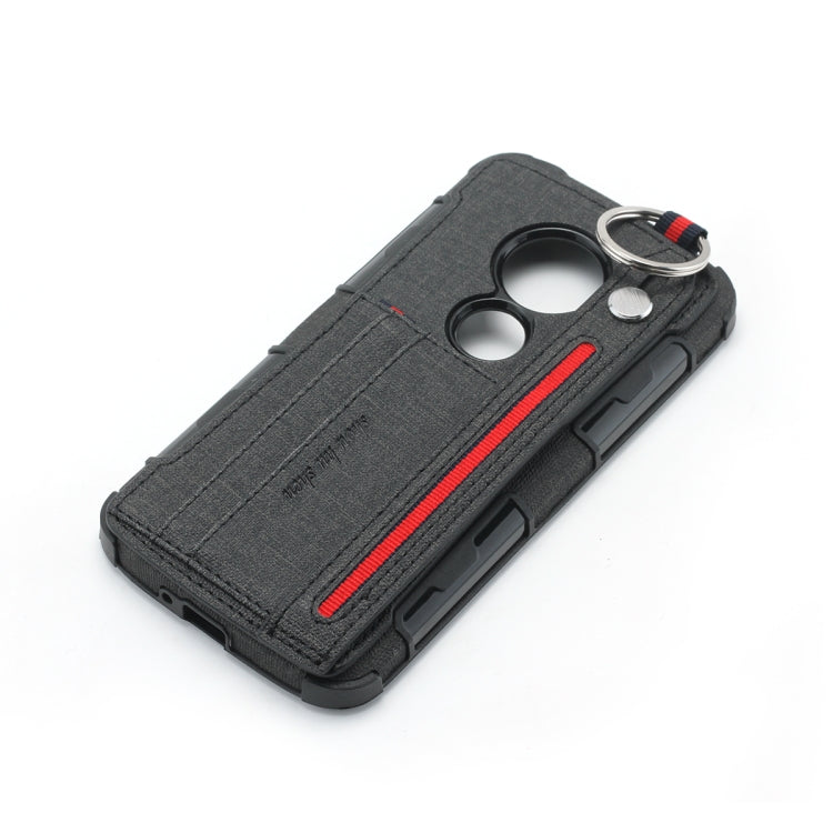 For Motorola Moto E5 Play Cloth Texture + TPU Shockproof Protective Case with Metal Ring & Holder & Card Slots & Hanging Strap