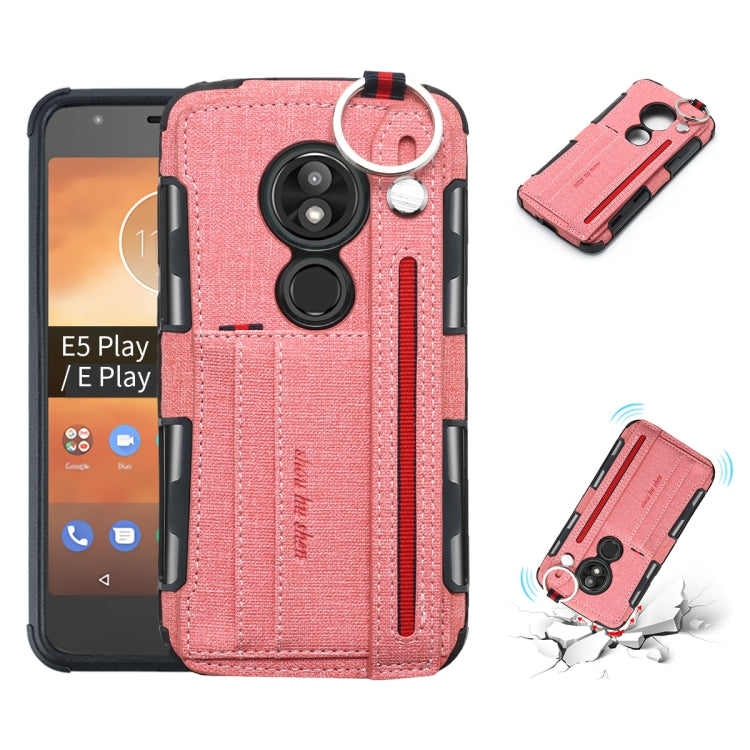 For Motorola Moto E5 Play Cloth Texture + TPU Shockproof Protective Case with Metal Ring & Holder & Card Slots & Hanging Strap