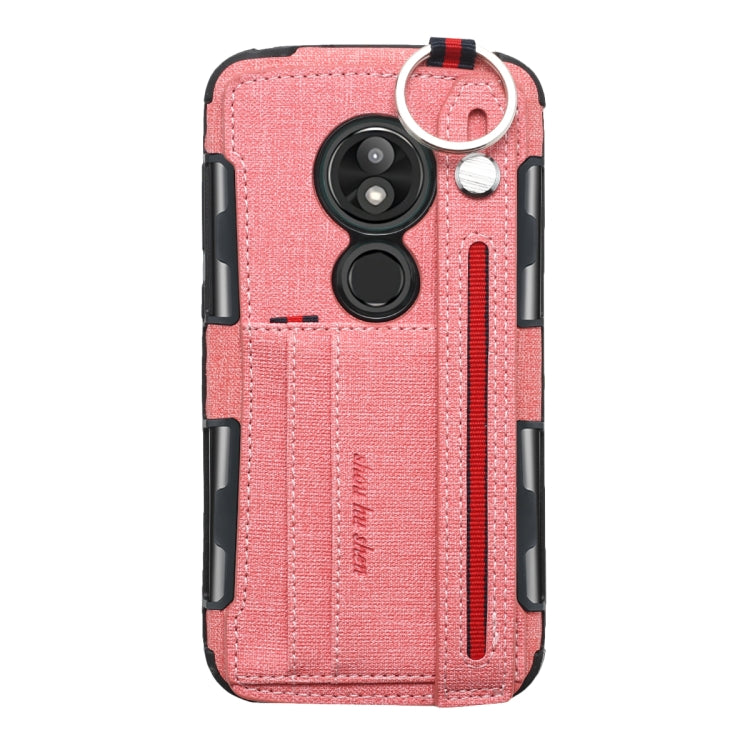 For Motorola Moto E5 Play Cloth Texture + TPU Shockproof Protective Case with Metal Ring & Holder & Card Slots & Hanging Strap