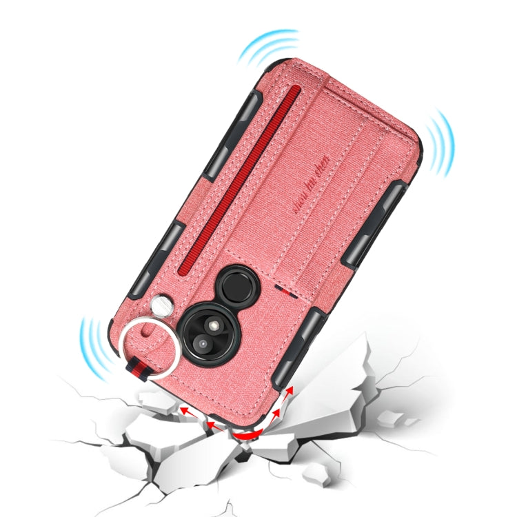 For Motorola Moto E5 Play Cloth Texture + TPU Shockproof Protective Case with Metal Ring & Holder & Card Slots & Hanging Strap