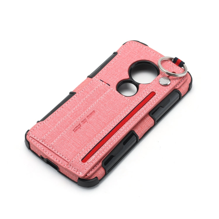 For Motorola Moto E5 Play Cloth Texture + TPU Shockproof Protective Case with Metal Ring & Holder & Card Slots & Hanging Strap