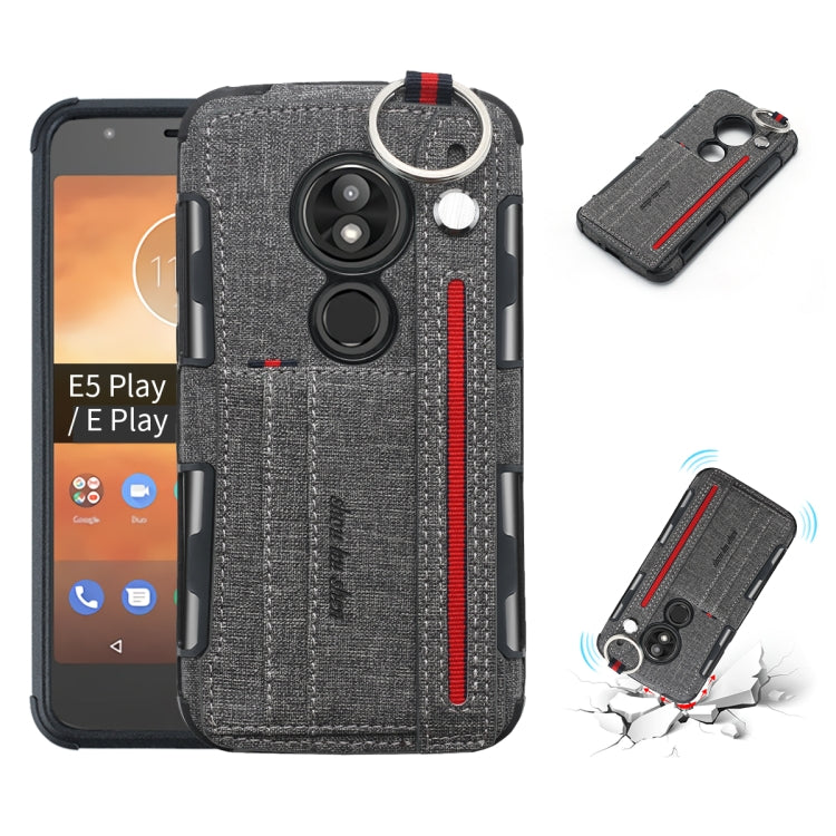 For Motorola Moto E5 Play Cloth Texture + TPU Shockproof Protective Case with Metal Ring & Holder & Card Slots & Hanging Strap