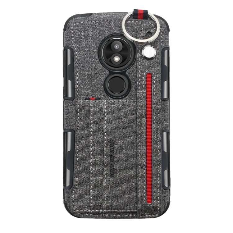 For Motorola Moto E5 Play Cloth Texture + TPU Shockproof Protective Case with Metal Ring & Holder & Card Slots & Hanging Strap