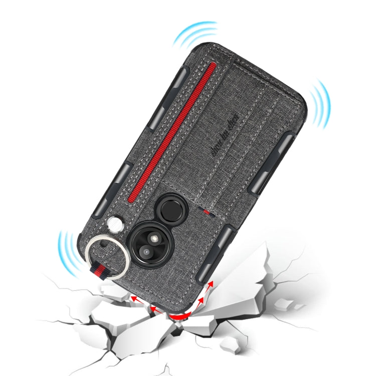 For Motorola Moto E5 Play Cloth Texture + TPU Shockproof Protective Case with Metal Ring & Holder & Card Slots & Hanging Strap