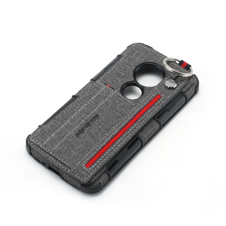 For Motorola Moto E5 Play Cloth Texture + TPU Shockproof Protective Case with Metal Ring & Holder & Card Slots & Hanging Strap