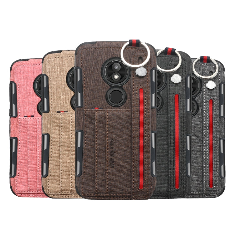 For Motorola Moto E5 Play Cloth Texture + TPU Shockproof Protective Case with Metal Ring & Holder & Card Slots & Hanging Strap