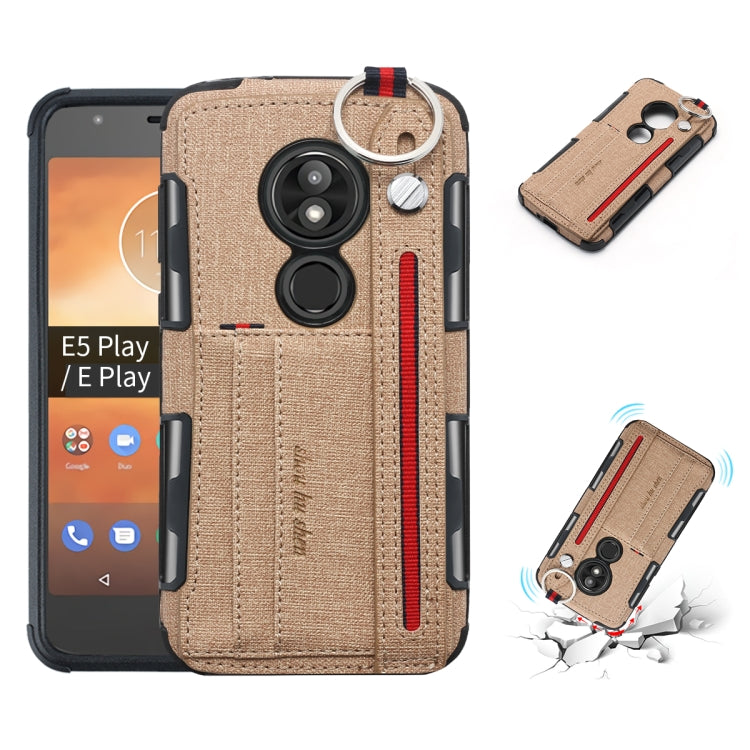 For Motorola Moto E5 Play Cloth Texture + TPU Shockproof Protective Case with Metal Ring & Holder & Card Slots & Hanging Strap