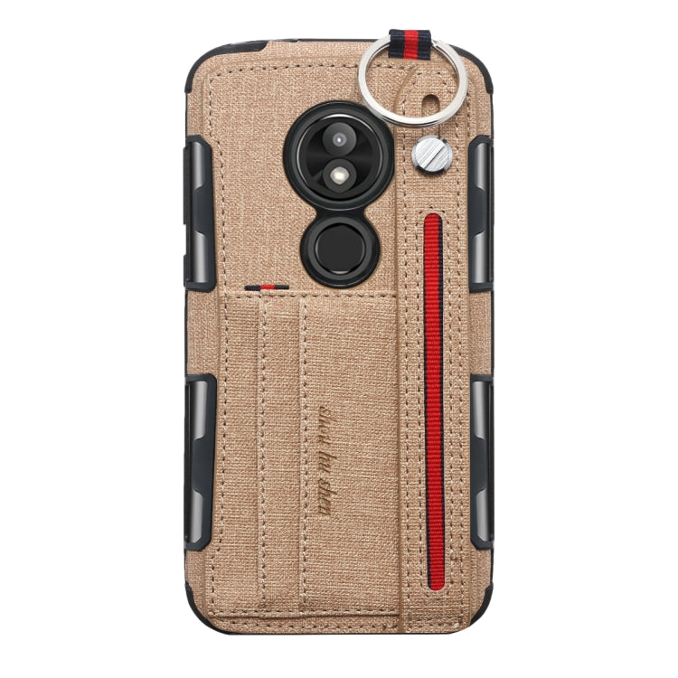 For Motorola Moto E5 Play Cloth Texture + TPU Shockproof Protective Case with Metal Ring & Holder & Card Slots & Hanging Strap