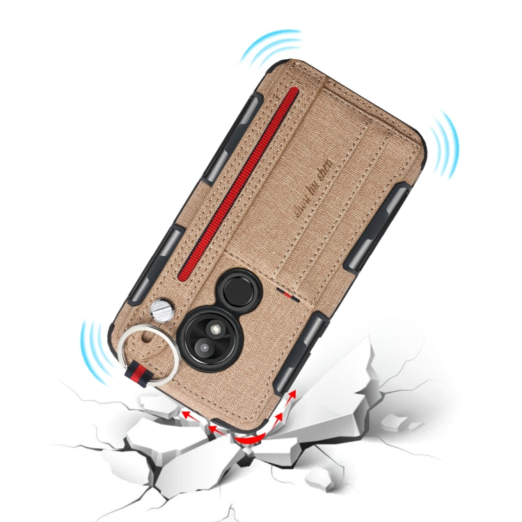 For Motorola Moto E5 Play Cloth Texture + TPU Shockproof Protective Case with Metal Ring & Holder & Card Slots & Hanging Strap