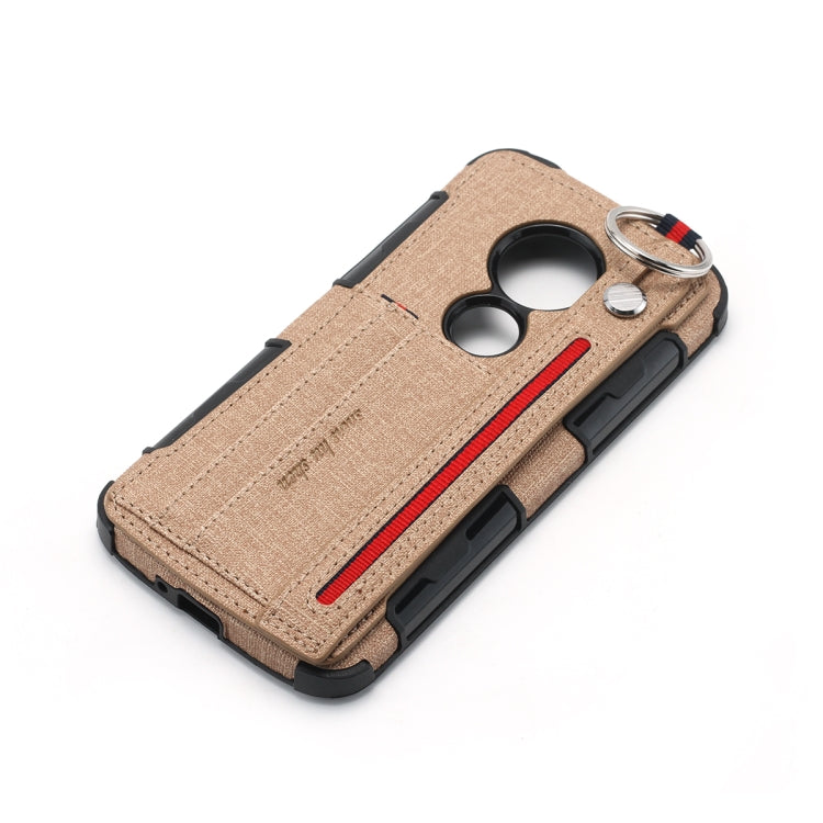 For Motorola Moto E5 Play Cloth Texture + TPU Shockproof Protective Case with Metal Ring & Holder & Card Slots & Hanging Strap